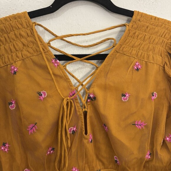 Anthropologie Embroidered Gold Smocked Tulle Blouse Size Medium Boho Peasant - Picture 8 of 15